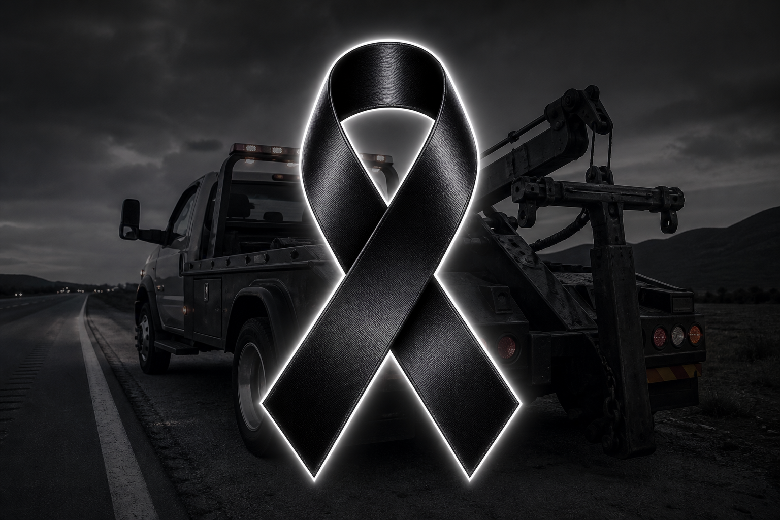 Grúa de auxilio en carretera con lazo negro de luto